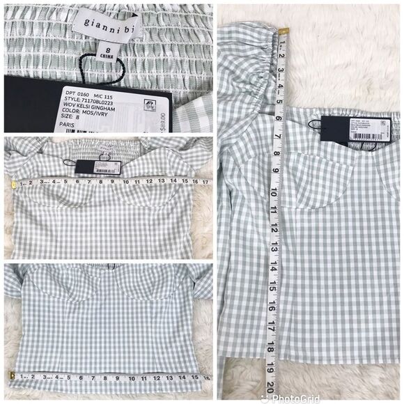 GIANNI BINI Gingham Peasant Crop Top Puff Sleeve Mint Green Size 0 8 10 New - Picture 14 of 15